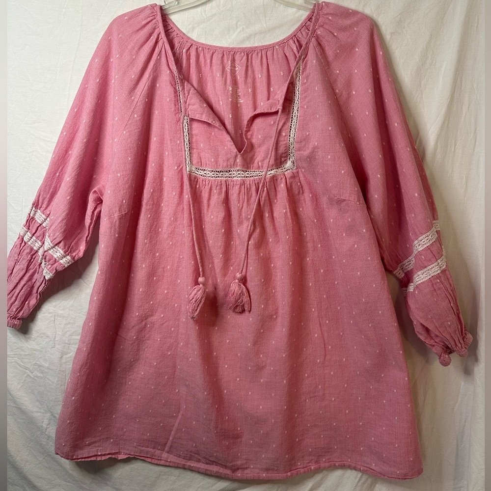 John’s Bay XL Pink Boho Peasant Top Swiss Dot Tassel Blouse